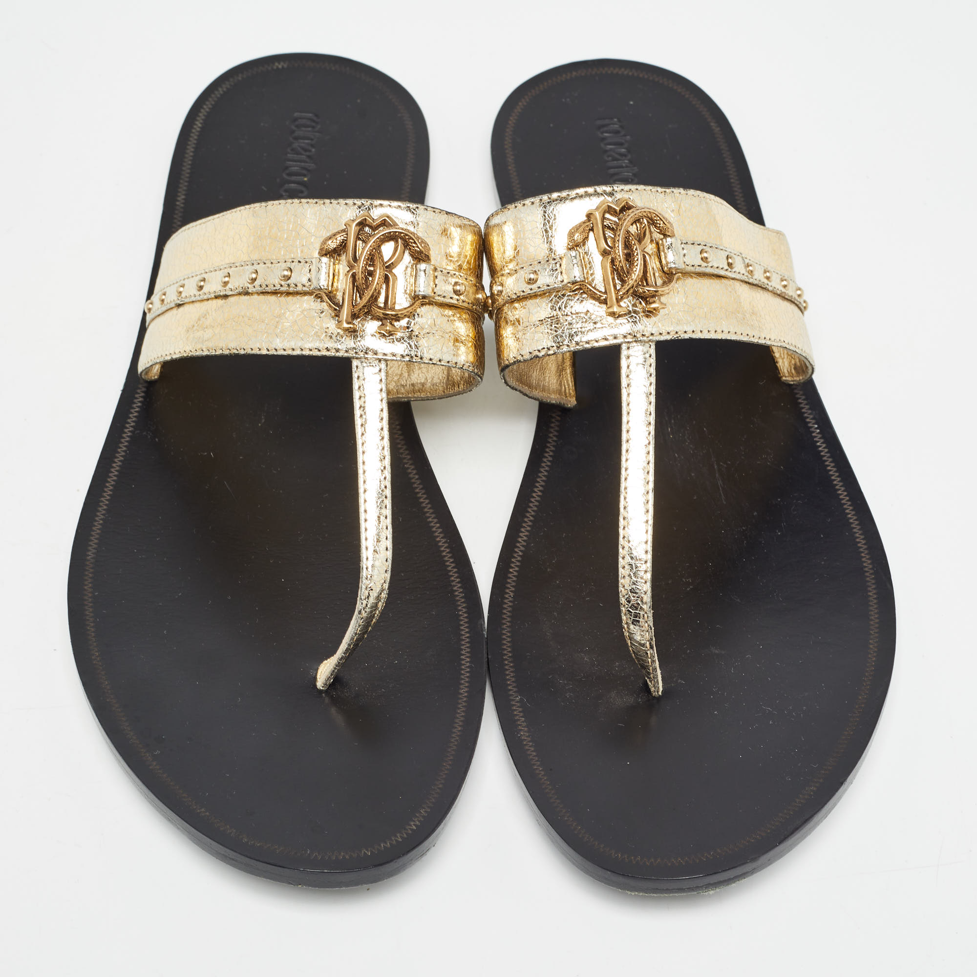 Roberto Cavalli Gold Crackled Leather Flat Slides Size 40