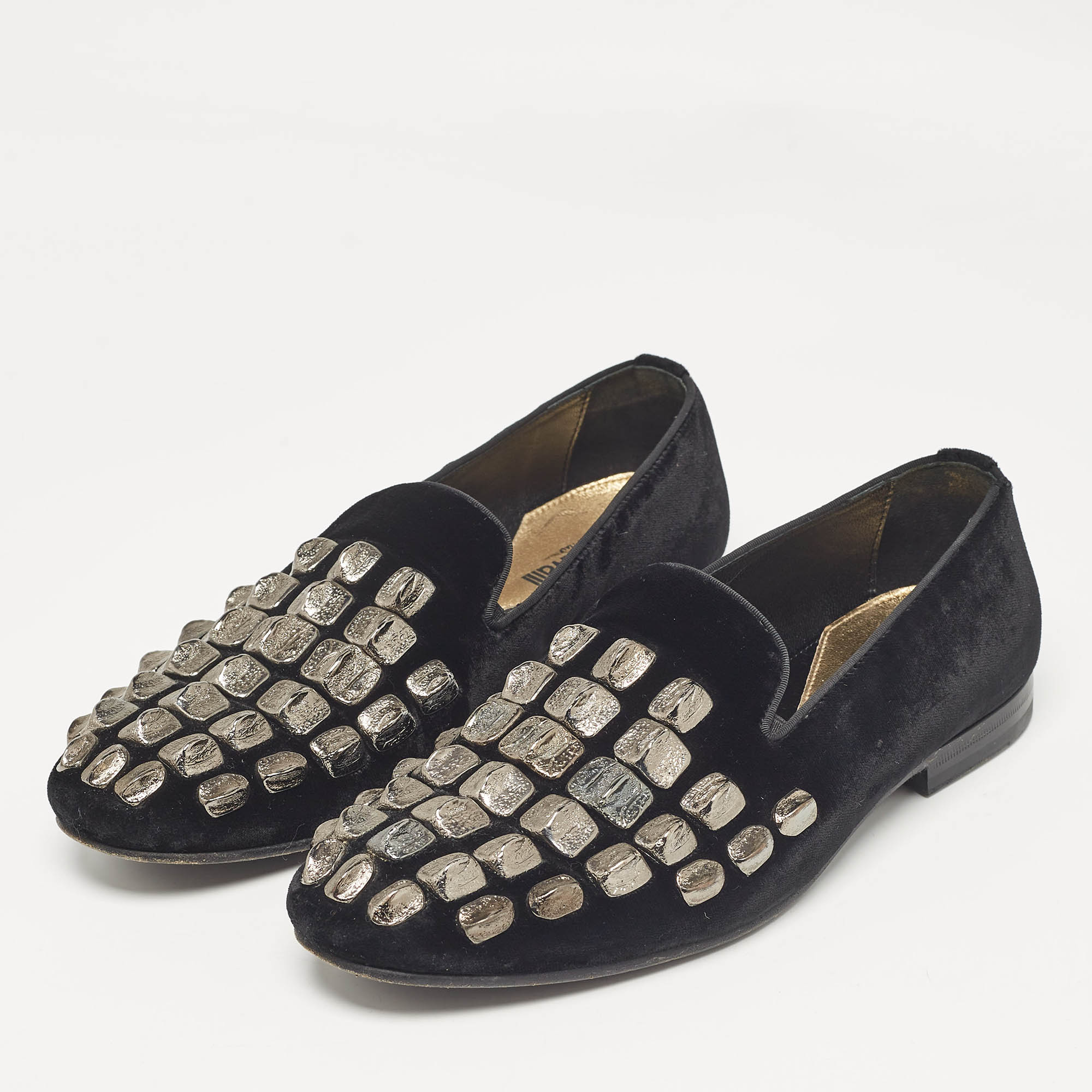 Roberto Cavalli Black Velvet Embellished Slip On Loafers Size 40