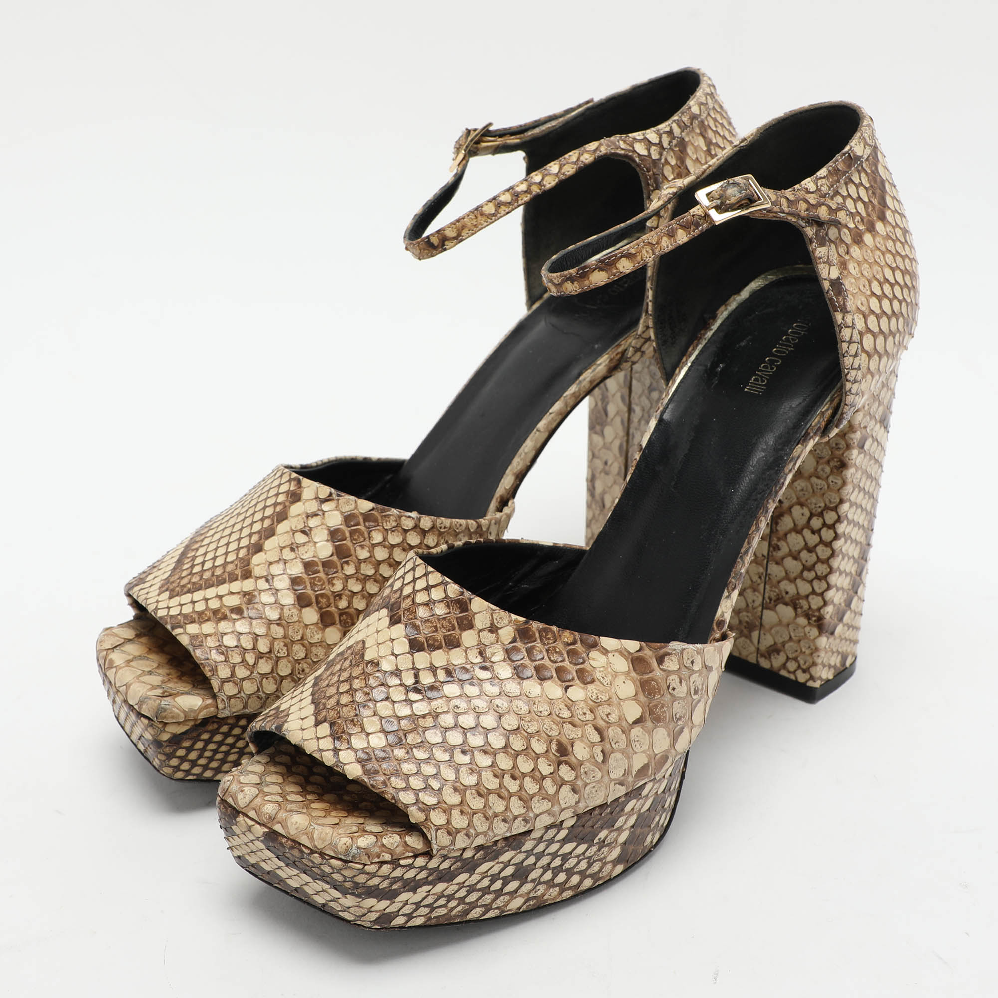 Roberto Cavalli Beige/Brown Python Platform Ankle Strap Sandals Size 40