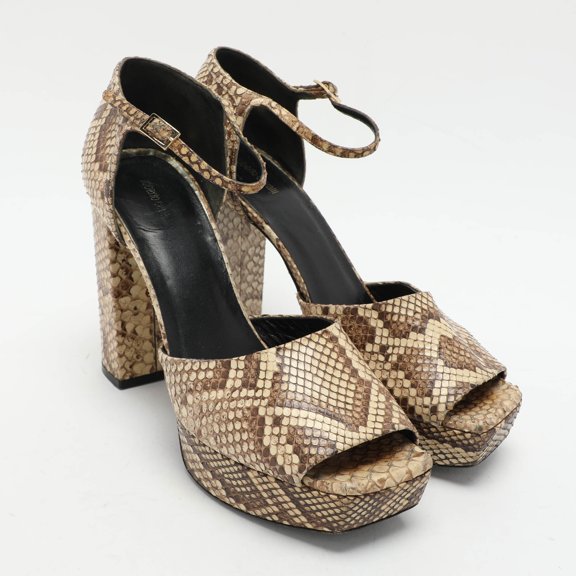 Roberto Cavalli Beige/Brown Python Platform Ankle Strap Sandals Size 40