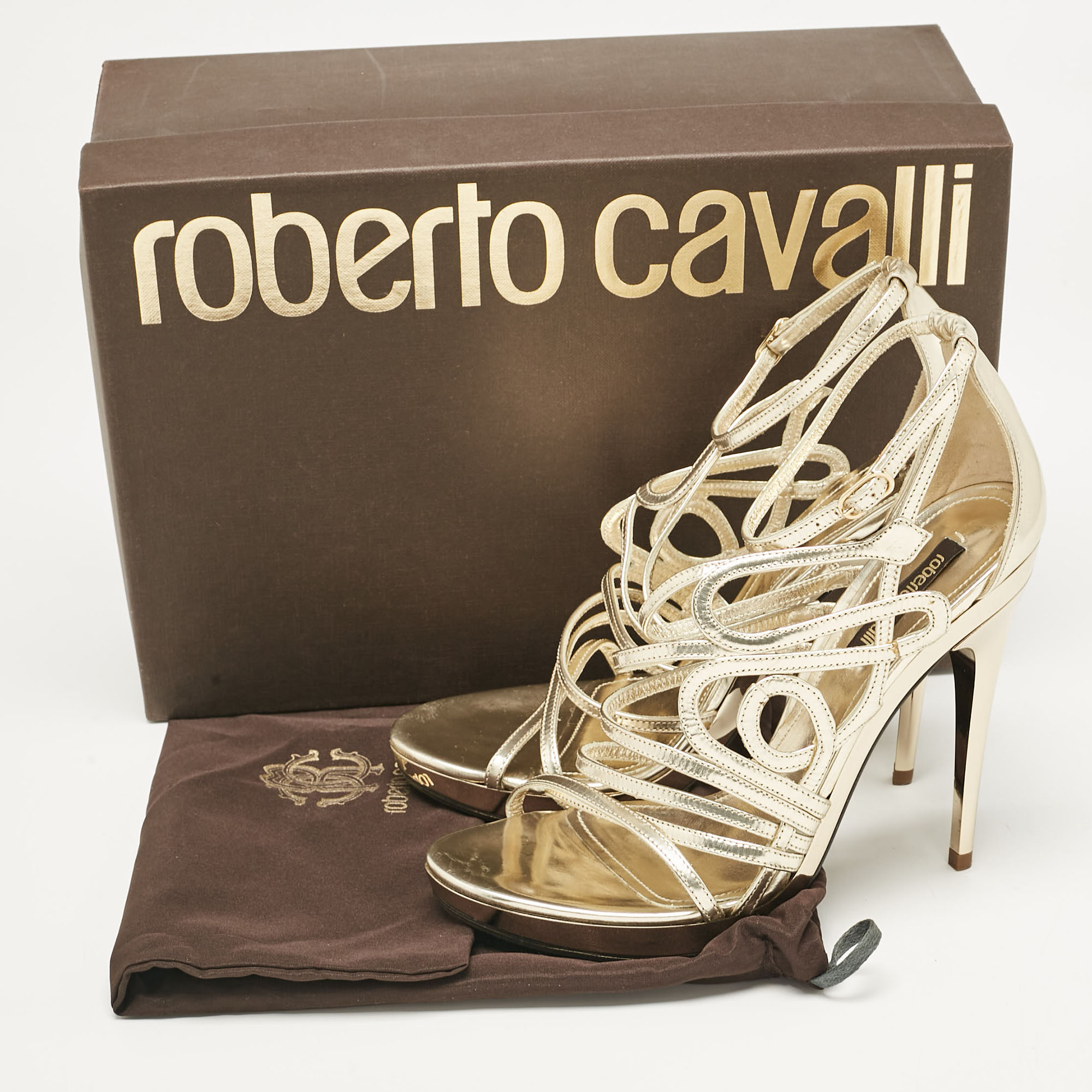 Roberto Cavalli Gold Leather Ankle Strap Sandals Size 37.5