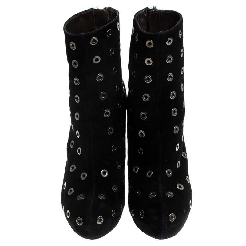 Roberto Cavalli Black Eyelet Suede Platform Ankle Boots Size 36.5