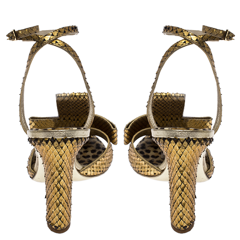 Roberto Cavalli Metallic Gold Python Leather Embellished Ankle Strap Sandals Size 38