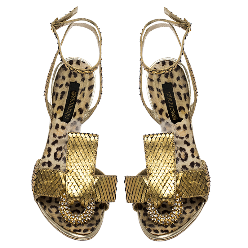 Roberto Cavalli Metallic Gold Python Leather Embellished Ankle Strap Sandals Size 38