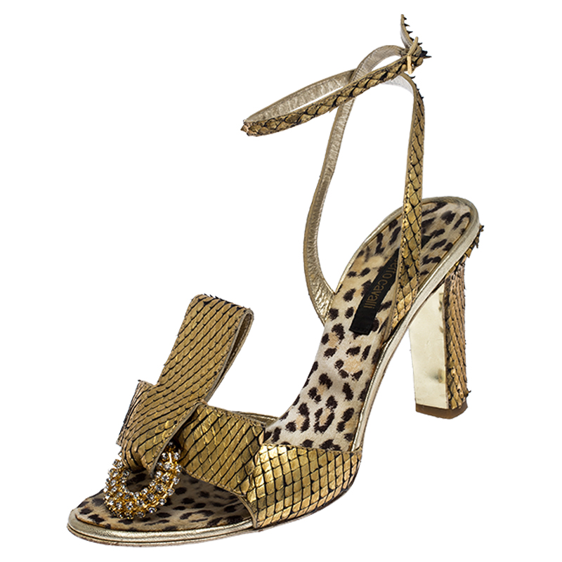 Roberto cavalli metallic gold python leather embellished ankle strap sandals size 38