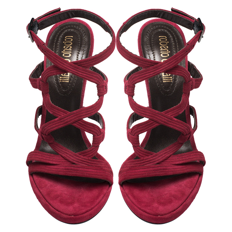 Roberto Cavalli Red Suede Leather Strappy Sandals Size 37