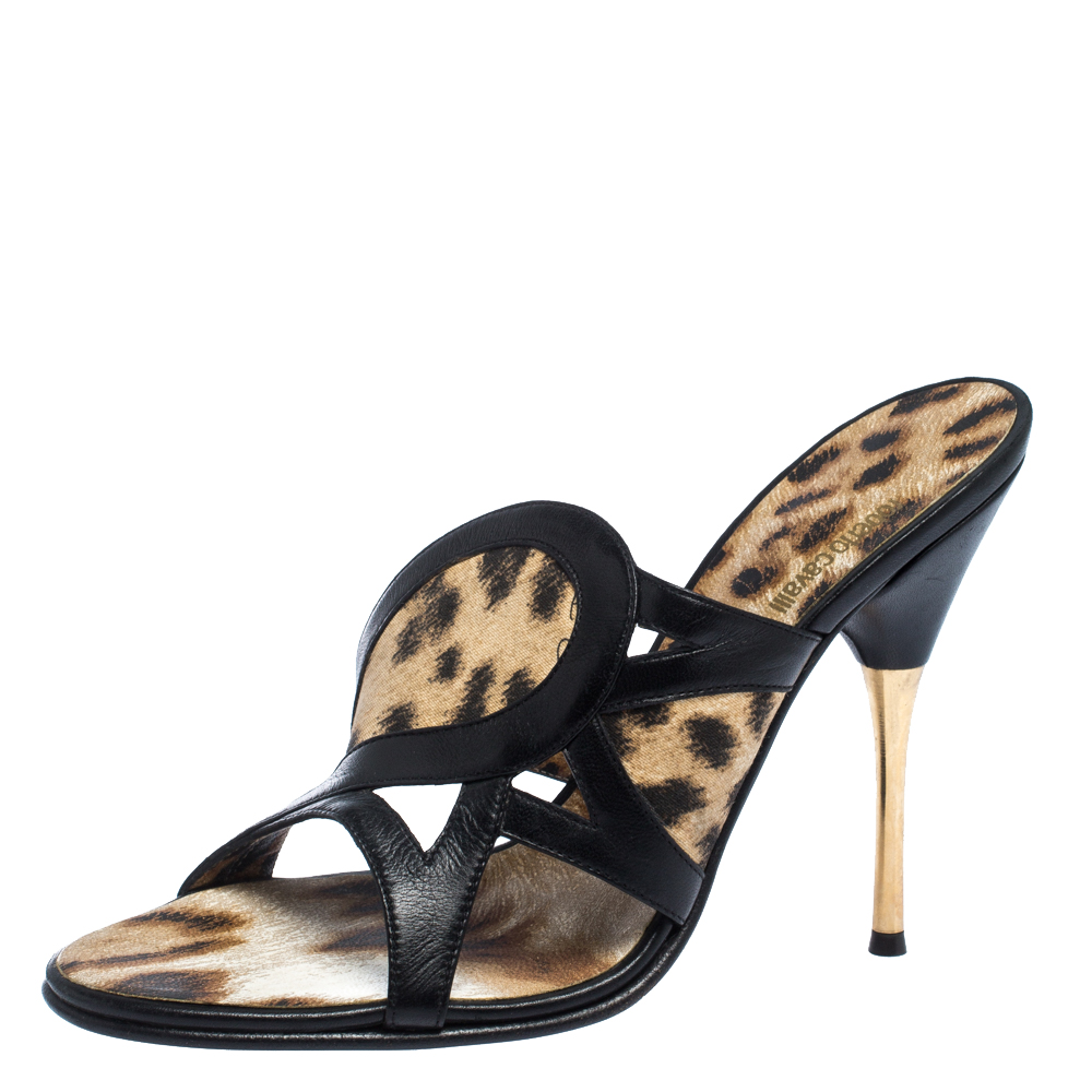 Image of Roberto Cavalli Black/Brown Leather And Leopard Print Fabric Cut Out Sandals Size
