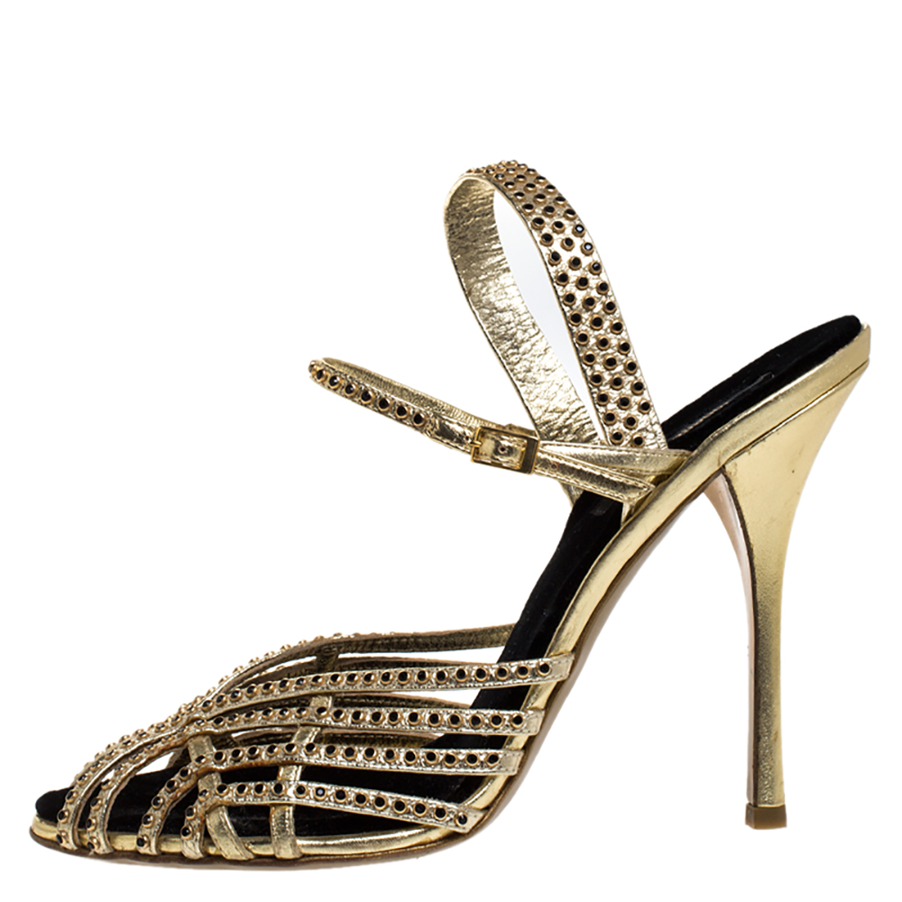 

Roberto Cavalli Metallic Gold Leather Studded Strappy Sandals Size