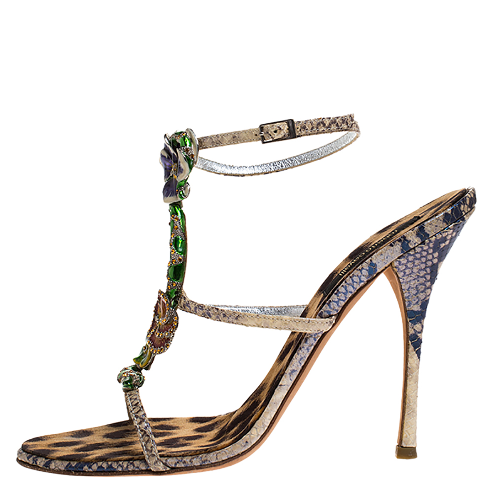 

Roberto Cavalli Multicolor Python Metal Snake And Orchid Embellished Slingback Sandals Size