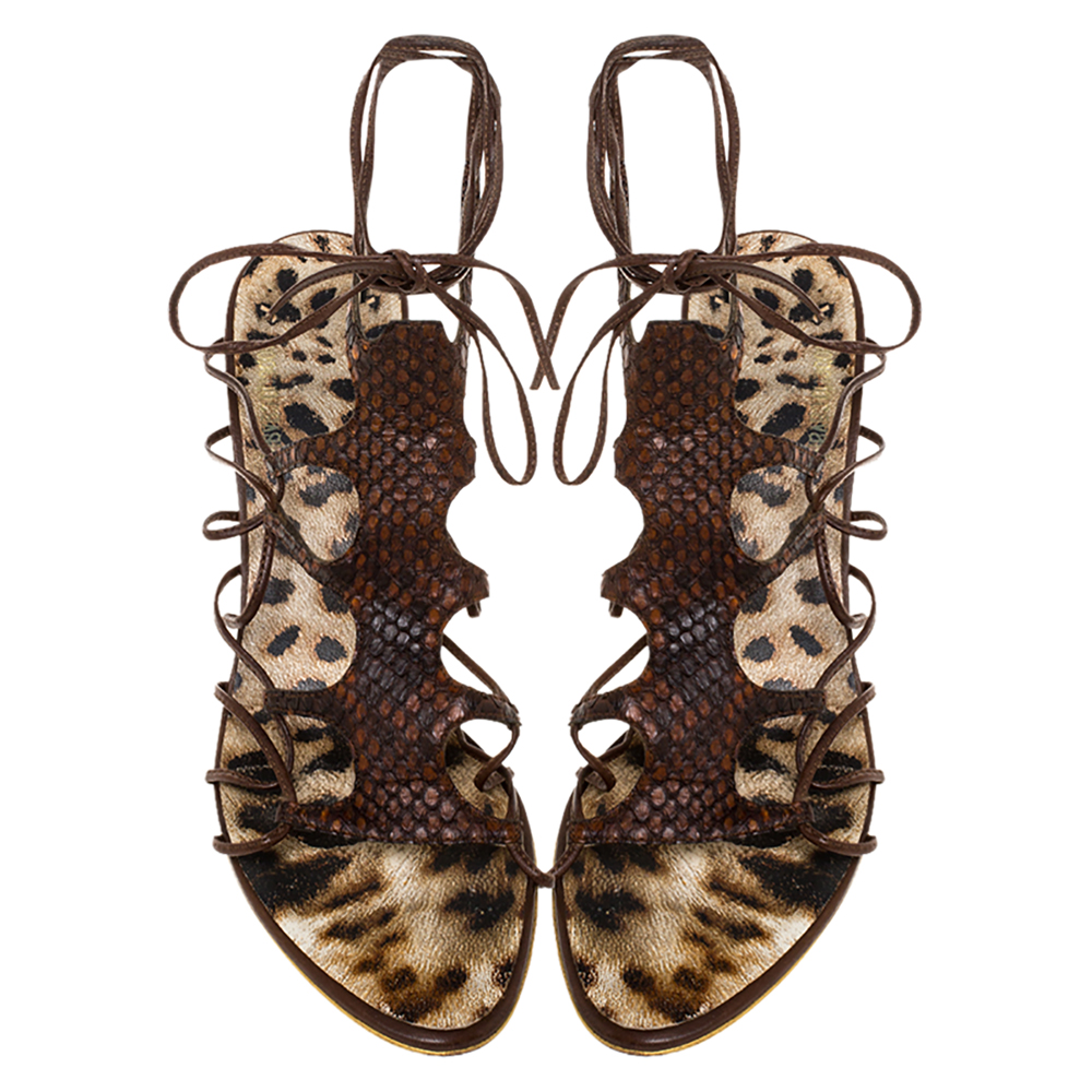 Roberto Cavalli Brown Python Lace Up Ankle Tie Sandals Size 40