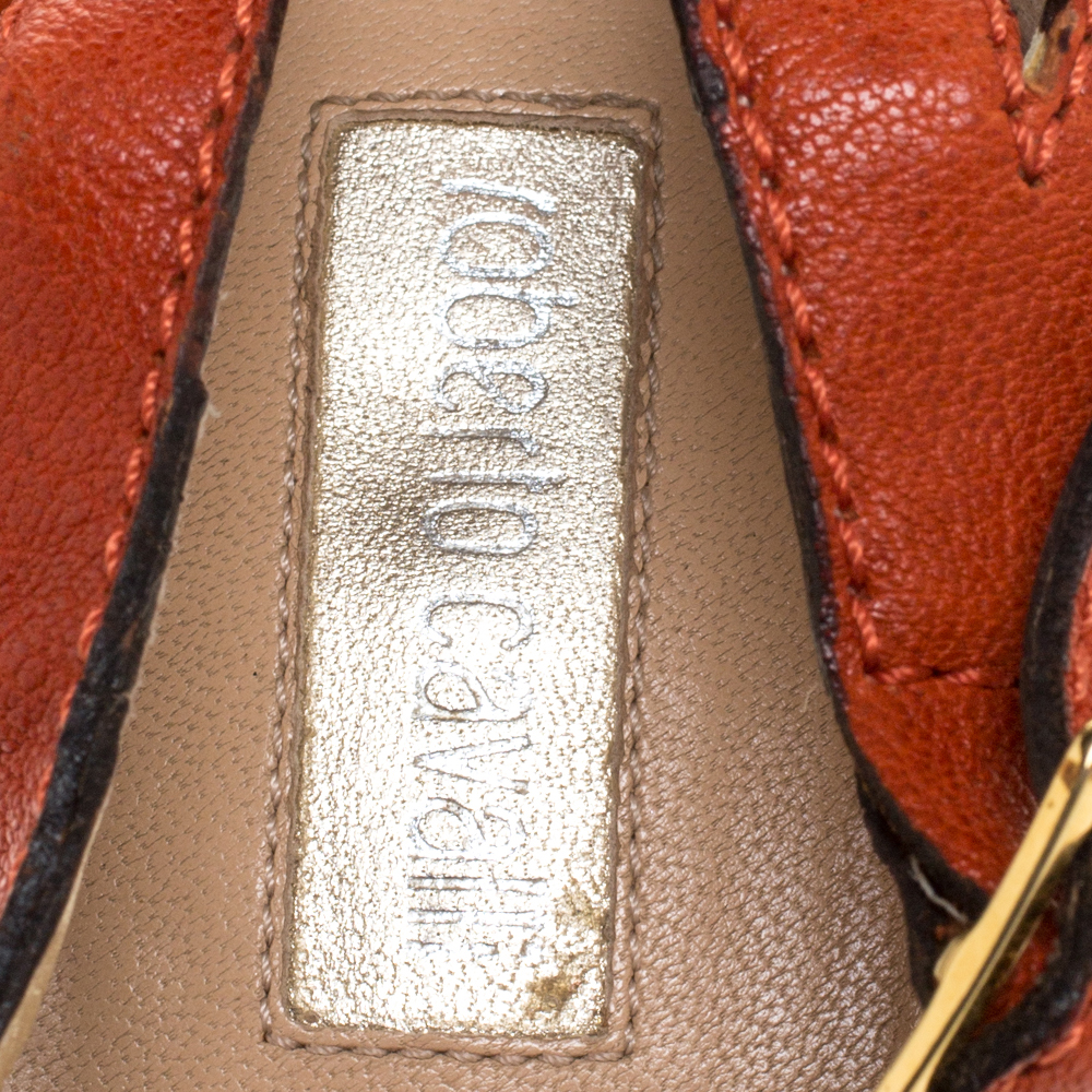 Roberto Cavalli Orange Leather Metal Embellished Ankle Strap Sandals Size 39