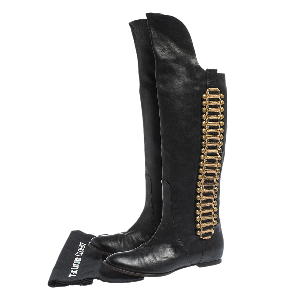 Roberto Cavalli Black Leather Metal Embellsihed Knee Length Boots Size 38