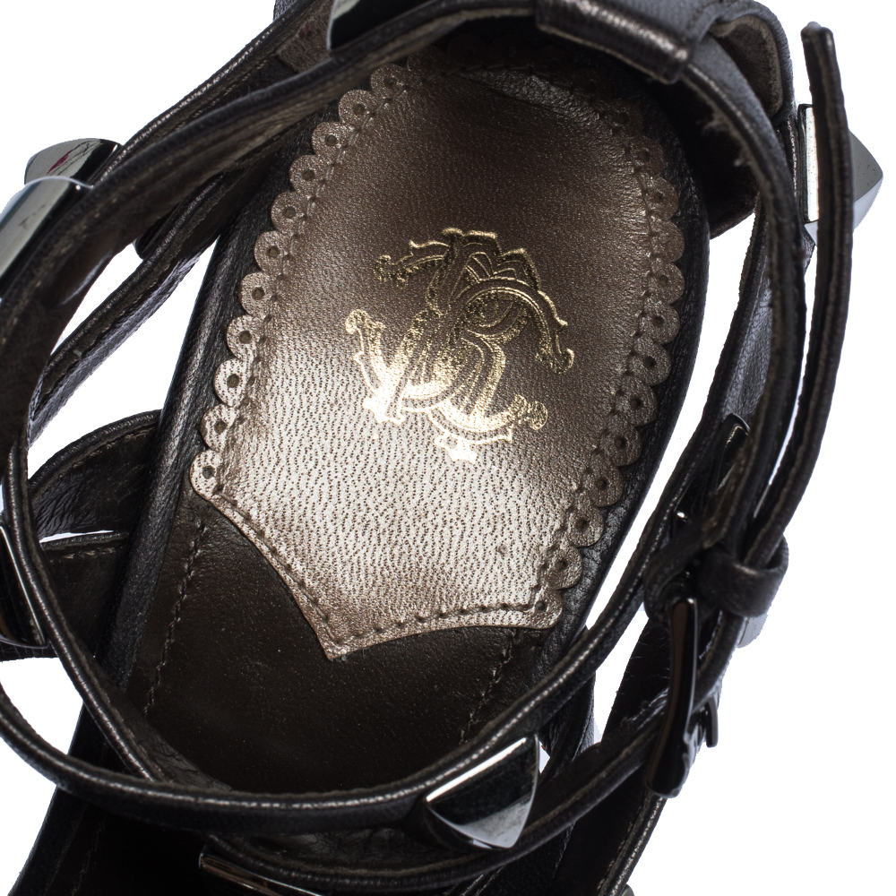 Roberto Cavalli Metallic Bronze Leather Studded Strappy Sandals Size 38