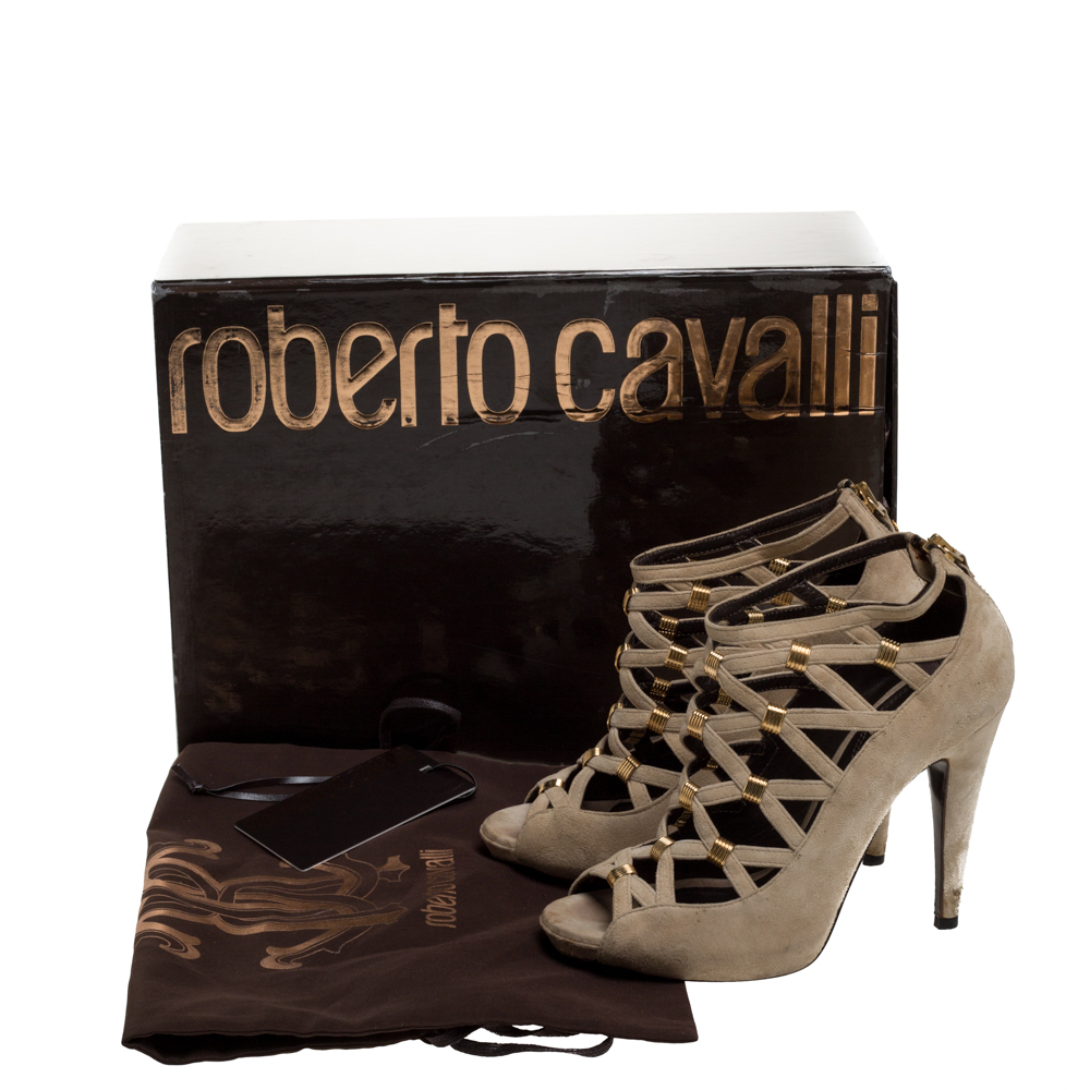 Roberto Cavalli Beige Suede Cage Ankle Boots Size 35.5