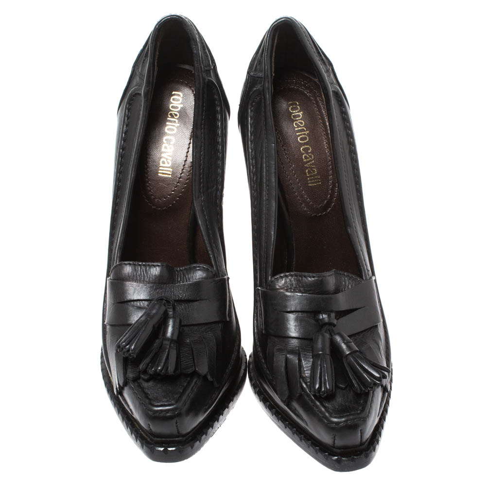 Roberto Cavalli Black Leather Fringe And Tassel Detail Loafer Pumps Size 36.5