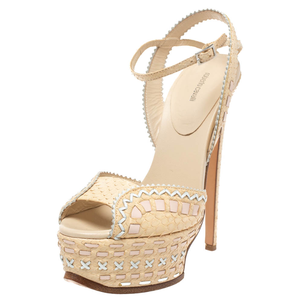 Image of Roberto Cavalli Beige Python Platform Ankle Strap Sandals Size