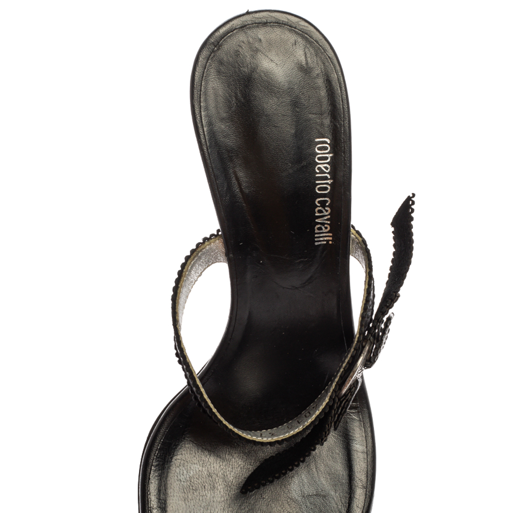 Roberto Cavalli Black Leather Toe Ring Sandals Size 37