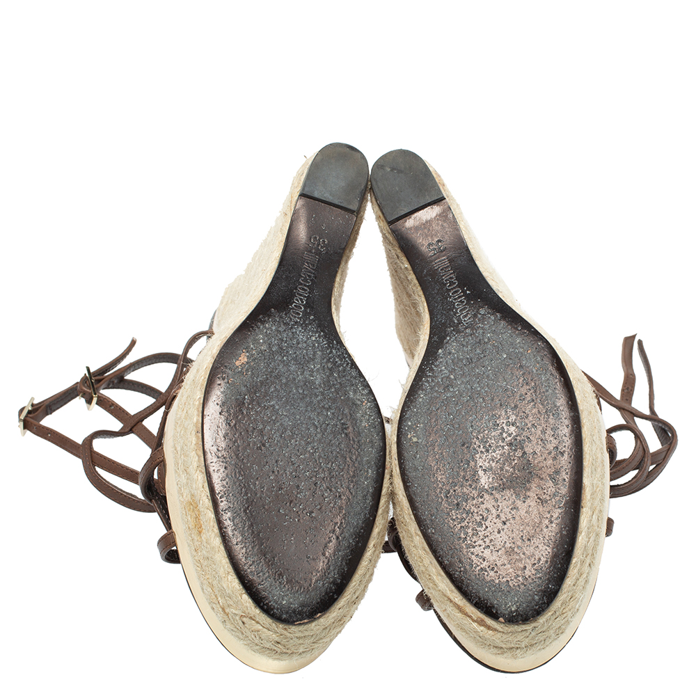 Roberto Cavalli Brown Leather Wedge Platform Espadrille Strappy Sandals Size 35