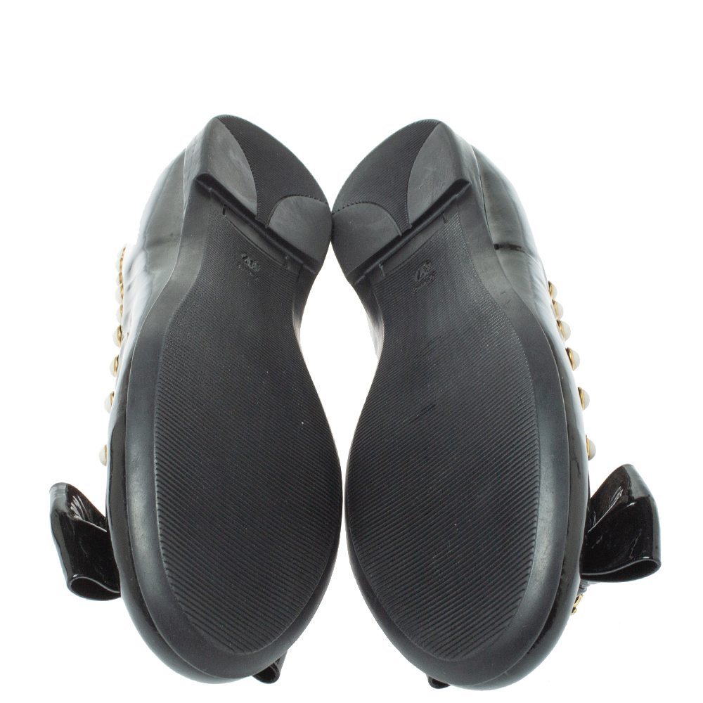 Roberto Cavalli Black Patent Leather Embellished Bow Ballet Flats Size 37