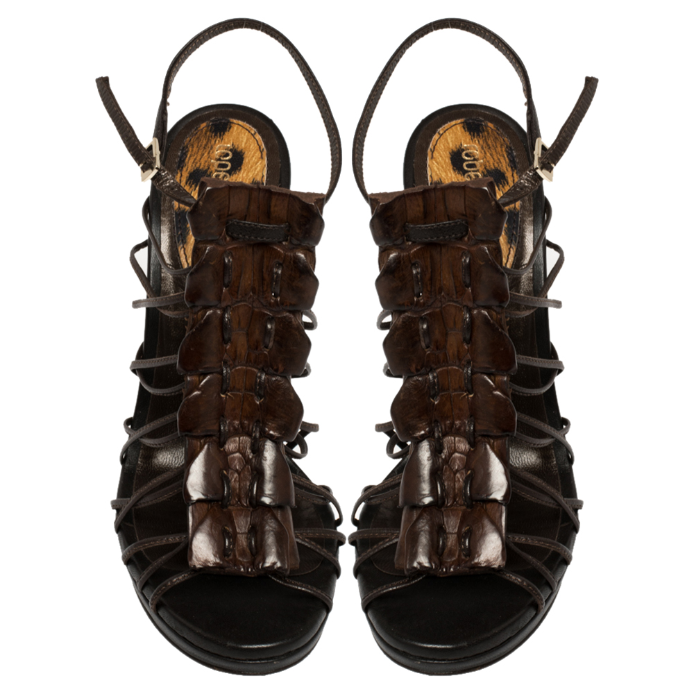 Roberto Cavalli Brown Leather Strappy Peep Toe Sandals Size 37.5