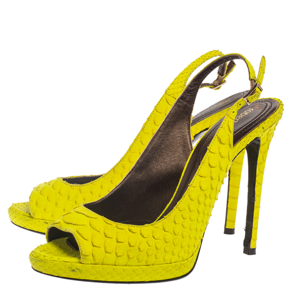 Roberto Cavalli Neon Green Python Peep Toe Slingback Sandals Size 38