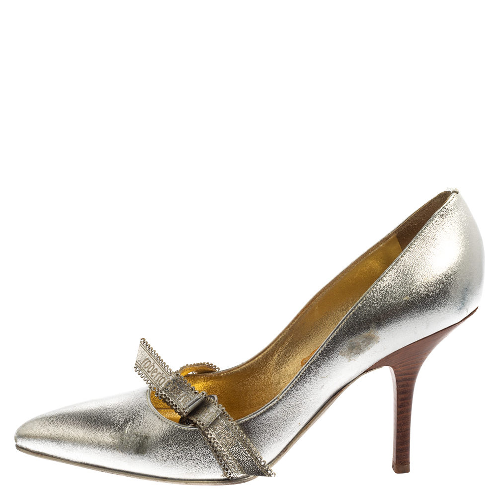 Roberto Cavalli Silver Leather Slip On Pointed Toe Pumps Size 38