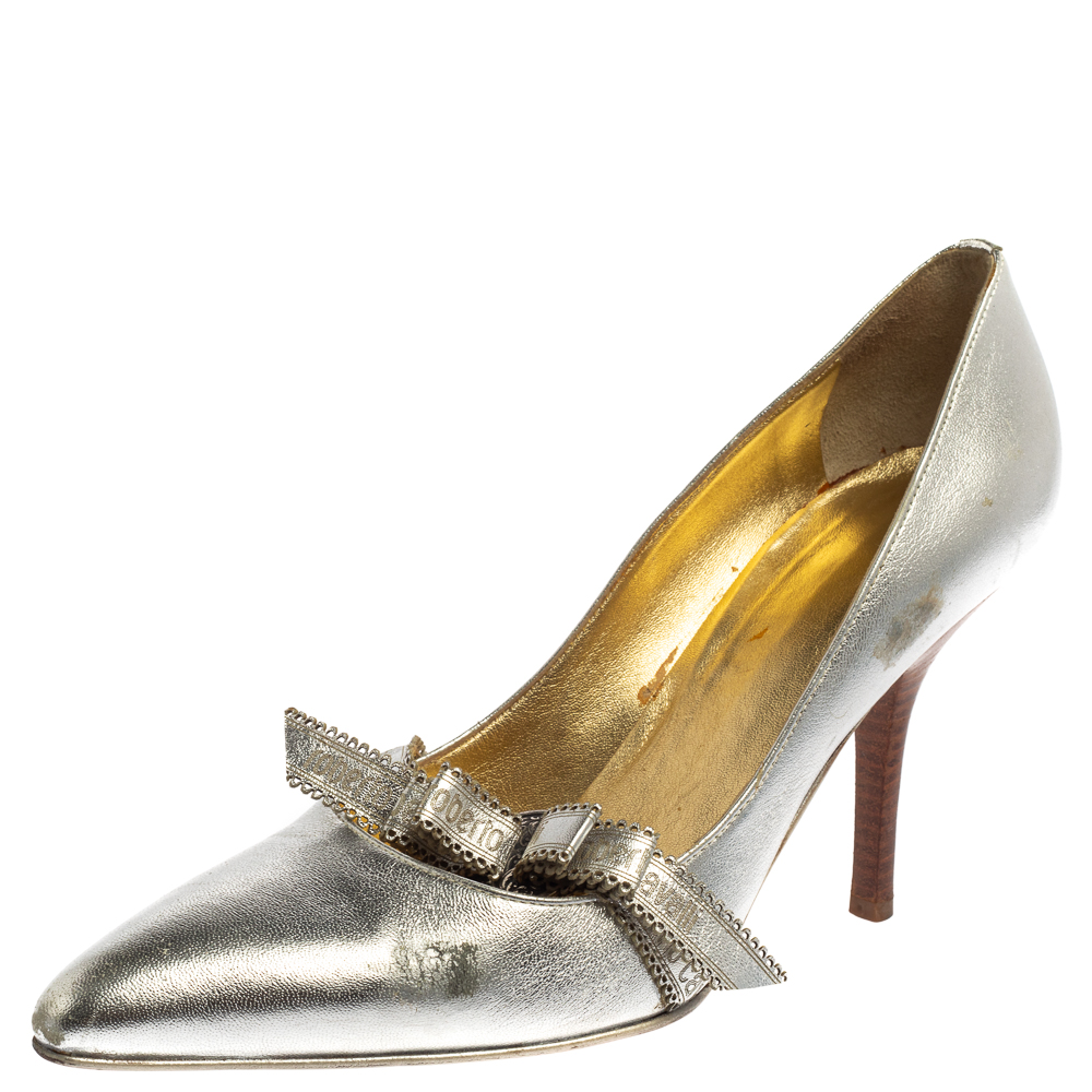 Roberto cavalli silver leather slip on pointed toe pumps size 38