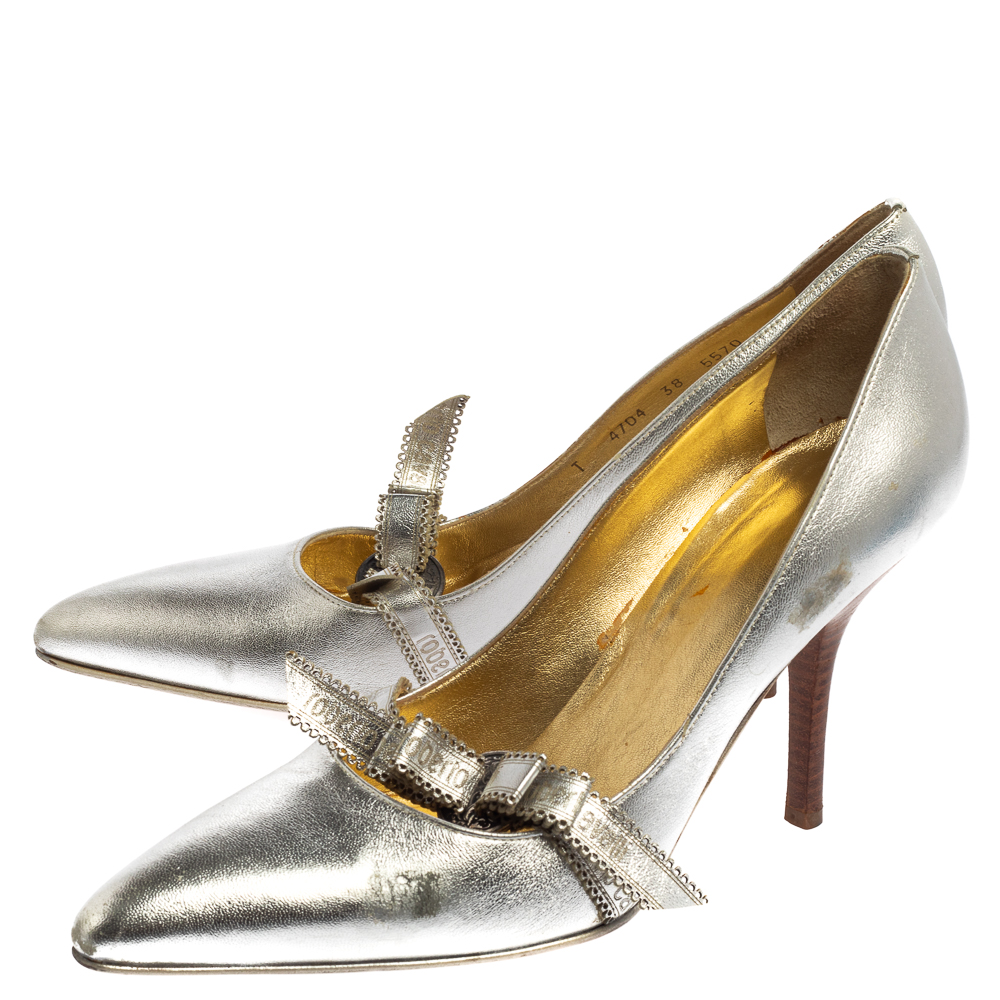 Roberto Cavalli Silver Leather Slip On Pointed Toe Pumps Size 38