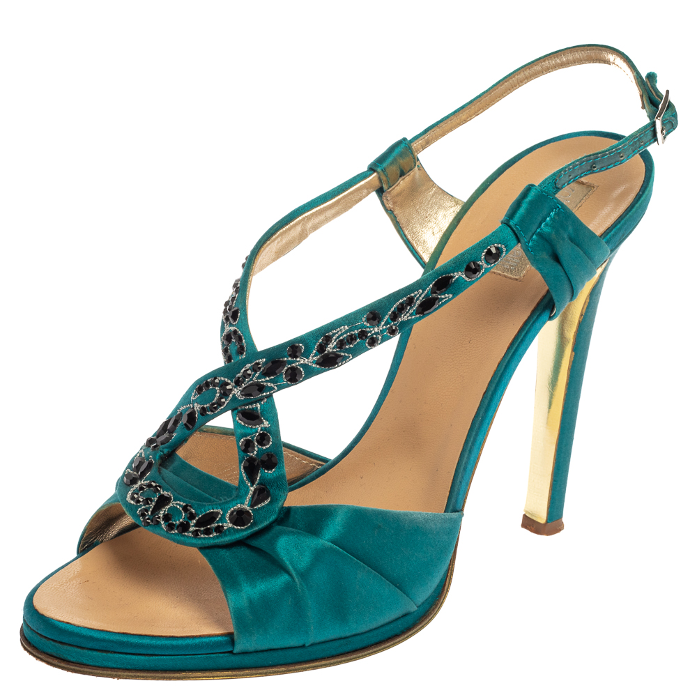 Roberto Cavalli Blue Satin Embellished Slingback Sandals Size 39
