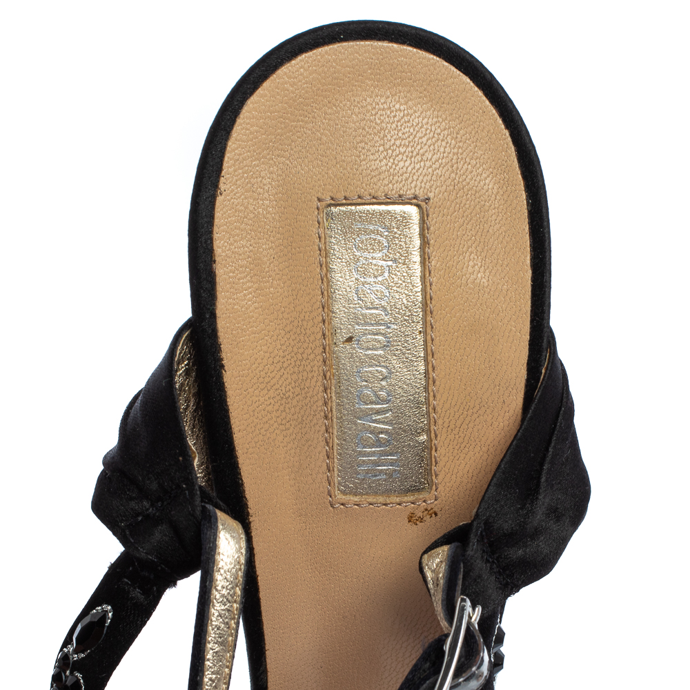 Roberto Cavalli Black Satin Embellished Slingback Sandals Size 37.5