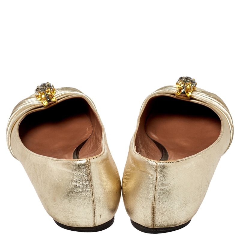 Roberto Cavalli Metallic Gold Leather Snake Head Crystal Embellished Ballet Flats Size 39.5
