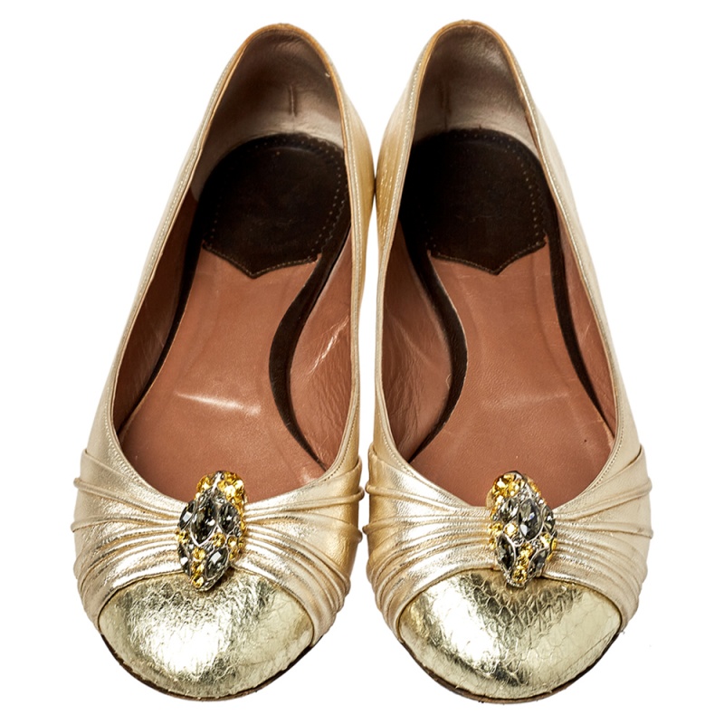 Roberto Cavalli Metallic Gold Leather Snake Head Crystal Embellished Ballet Flats Size 39.5