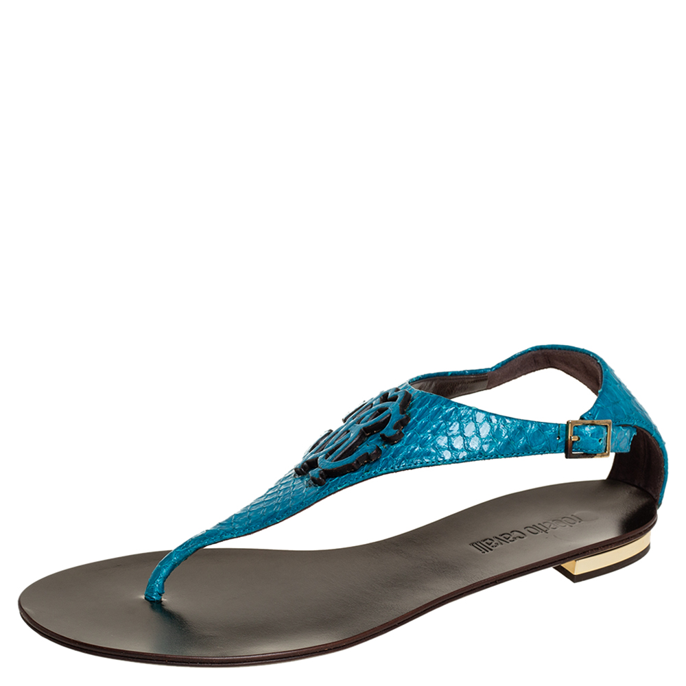 Roberto Cavalli Blue Python Embossed Leather Logo Embellished Thong Flat Sandals Size 39