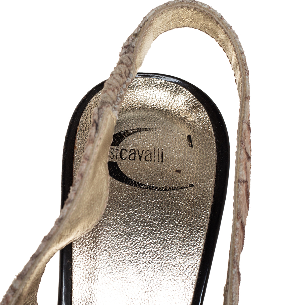 Just Cavalli Grey Python Embossed Leather Slingback Platform Sandals Size 36