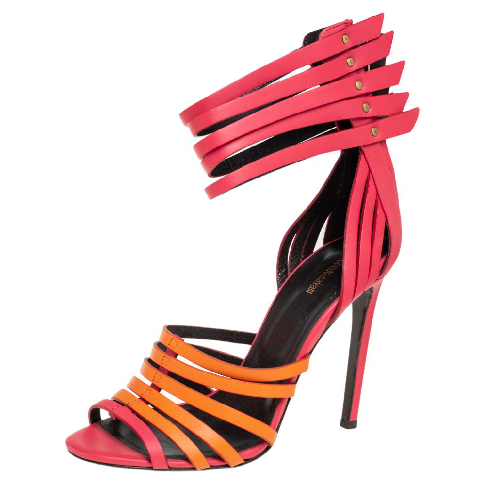 Roberto Cavalli Pink/Orange Leather Strappy Ankle Wrap Sandals Size 39