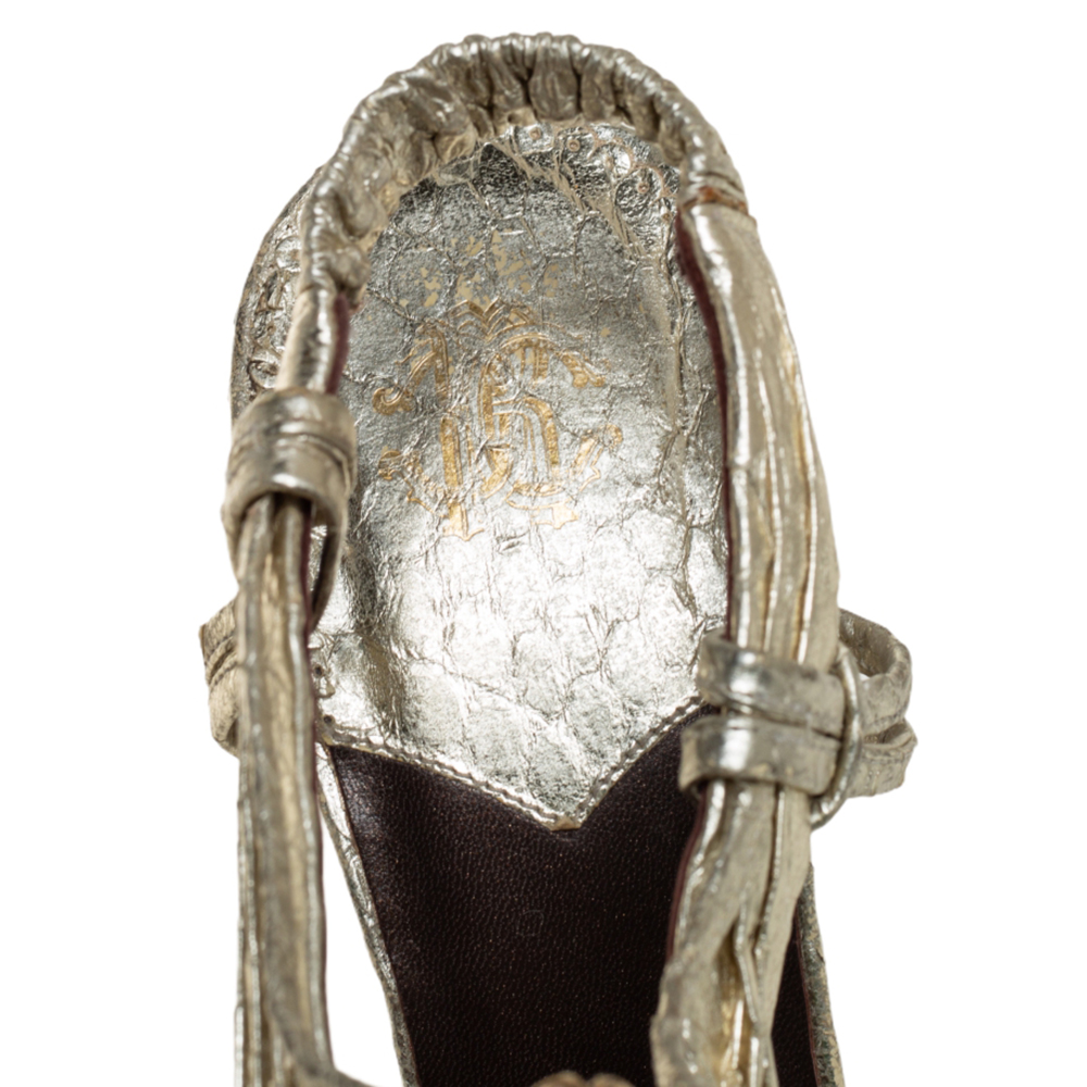 Roberto Cavalli Gold Python Snake Embellished Slingback Sandals Size 38