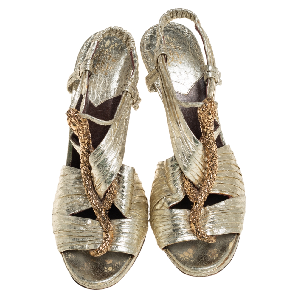 Roberto Cavalli Gold Python Snake Embellished Slingback Sandals Size 38