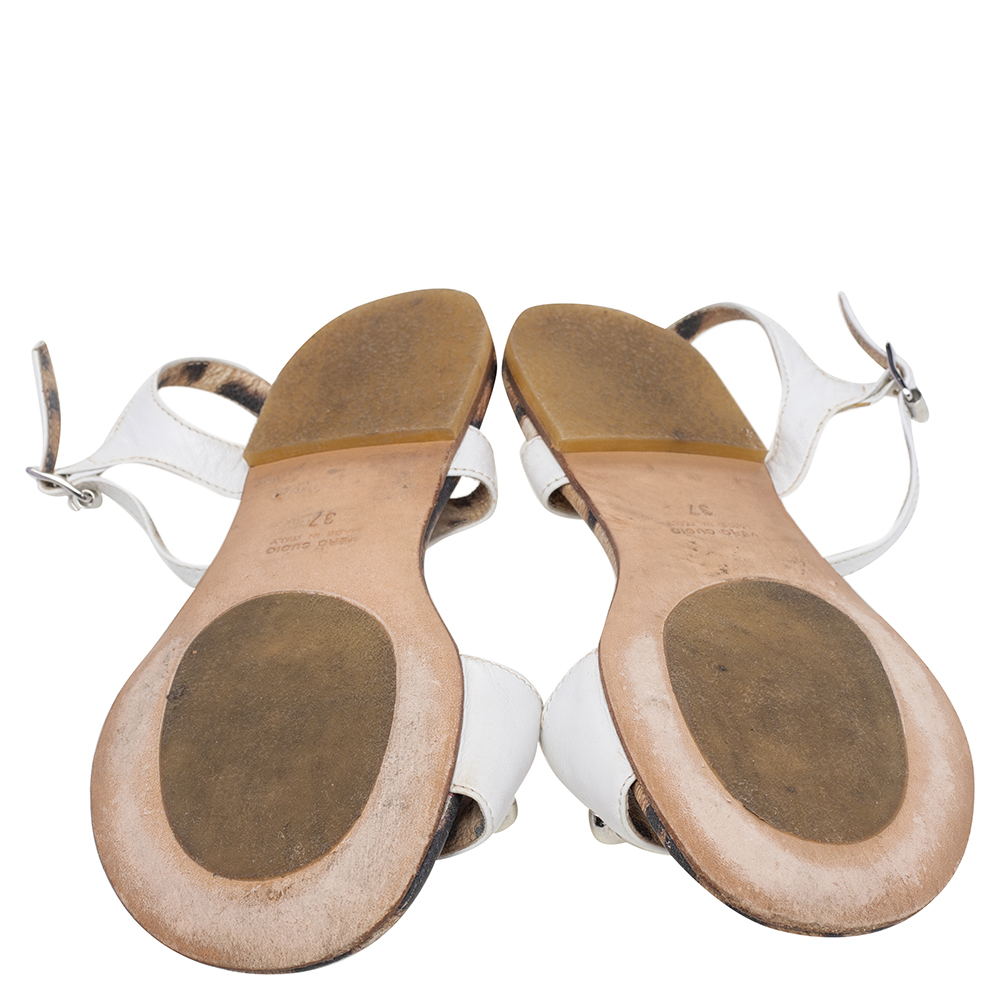 Roberto Cavalli White Leather Embellished Flat Sandals Size 37