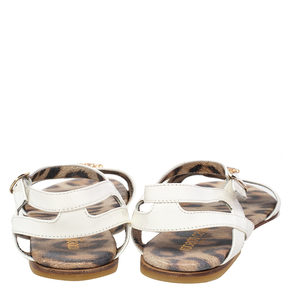Roberto Cavalli White Patent Leather Embellished Flat Sandals Size 36