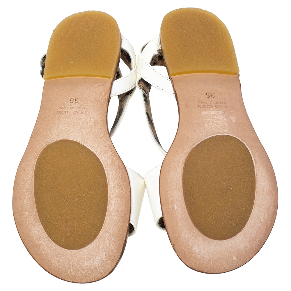 Roberto Cavalli White Patent Leather Embellished Flat Sandals Size 36