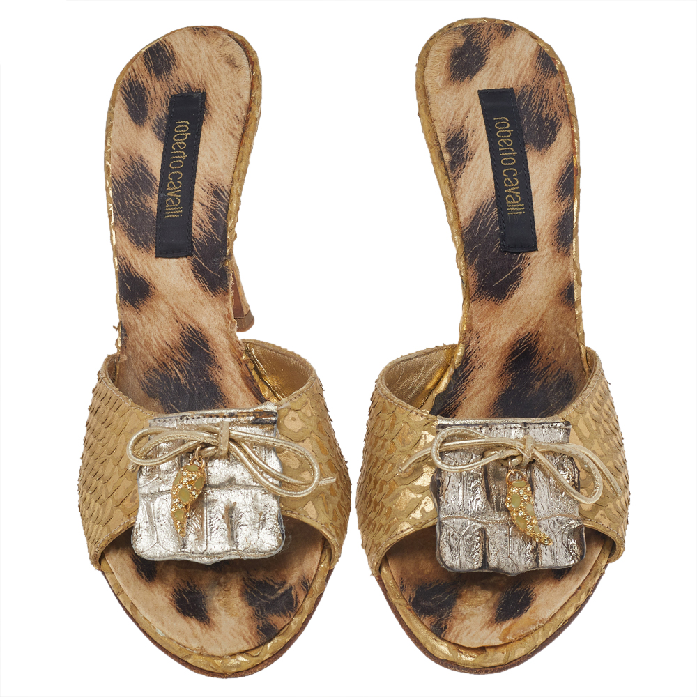 Roberto Cavalli Gold Python Embossed Leather Embellished Slide Sandals Size 37.5