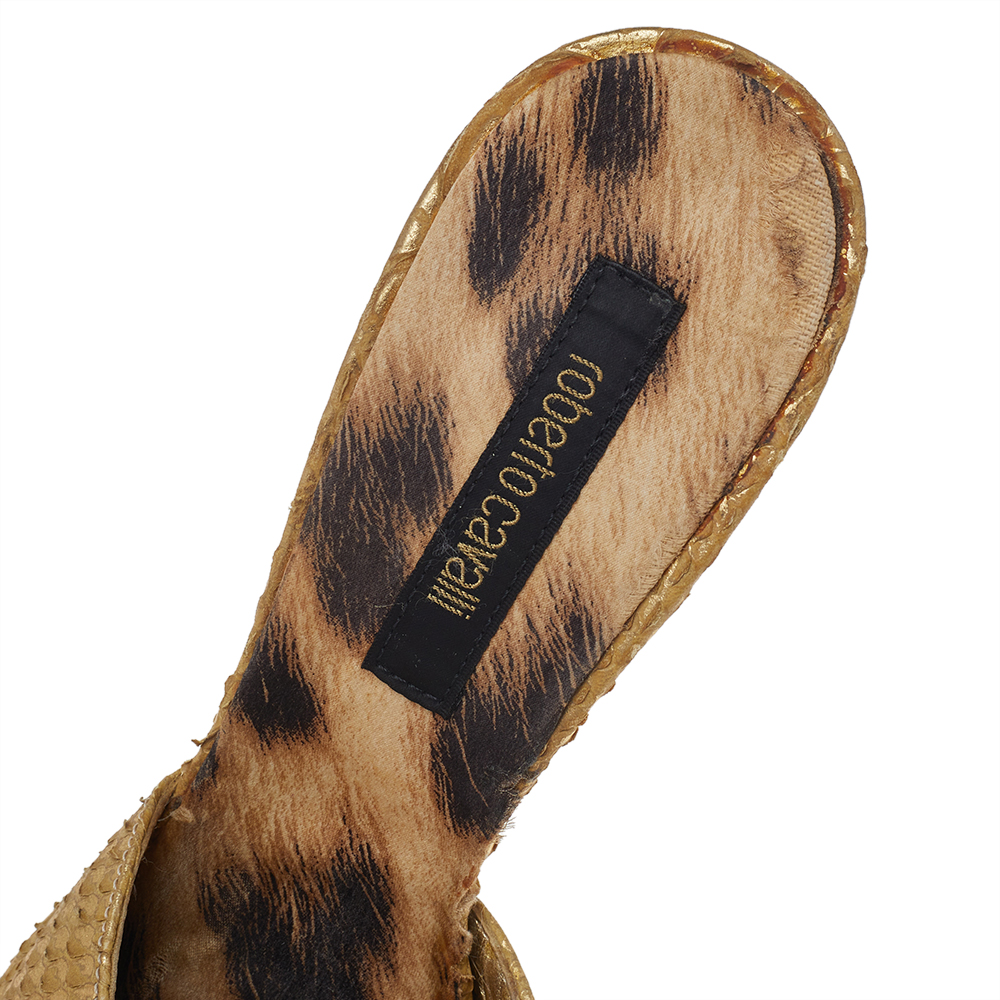 Roberto Cavalli Gold Python Embossed Leather Embellished Slide Sandals Size 37.5