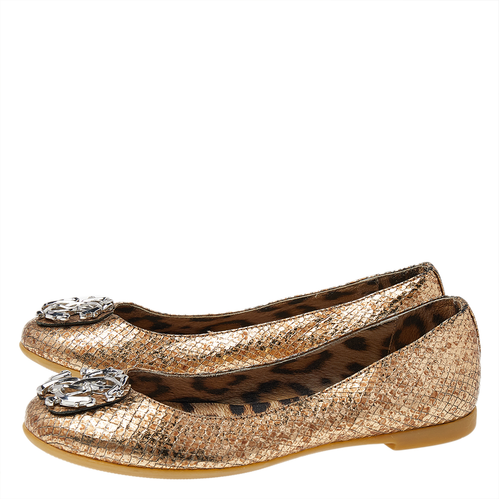 Roberto Cavalli Metallic Gold Python Embossed Leather Logo Embellished Ballet Flats Size 36