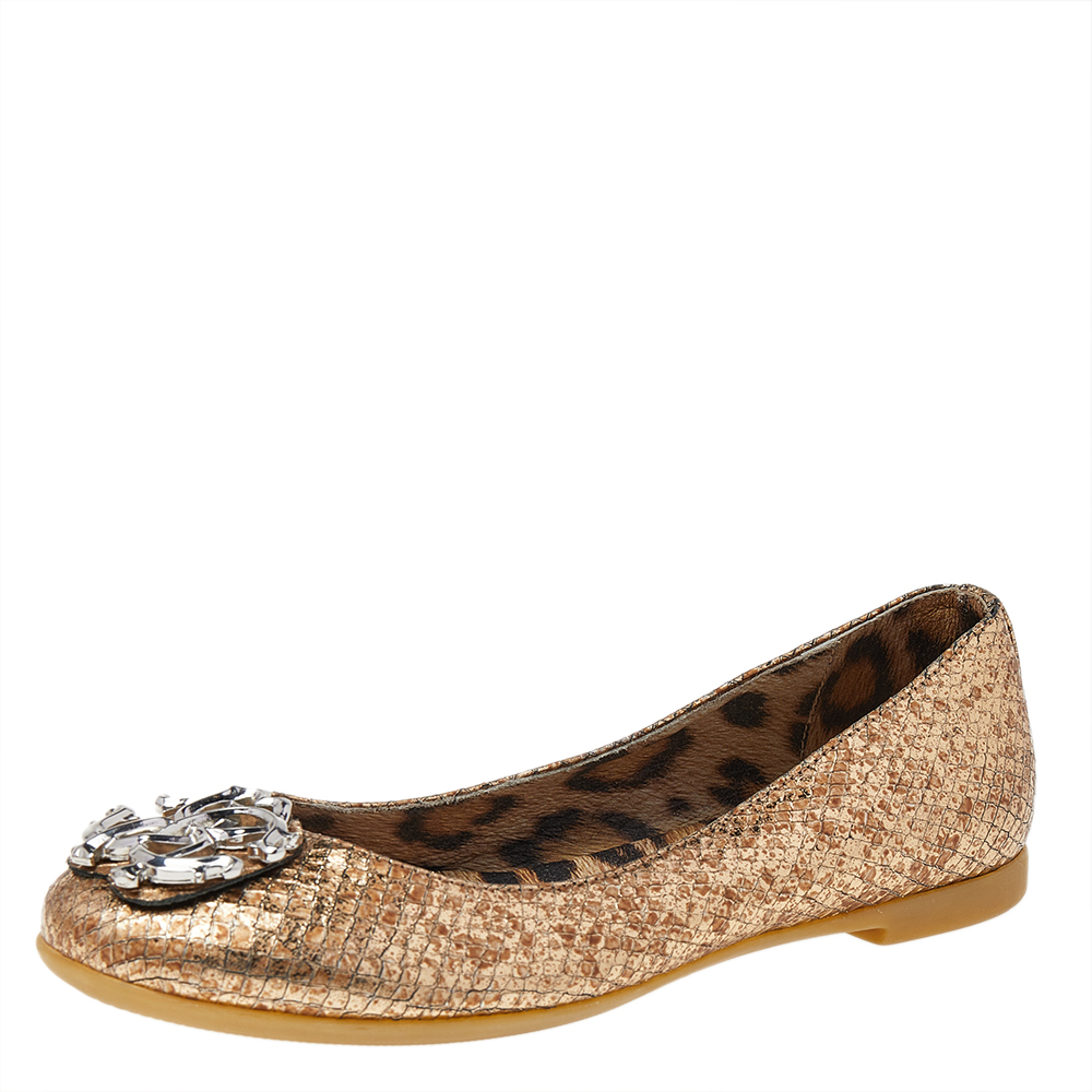 

Roberto Cavalli Metallic Gold Python Embossed Leather Logo Embellished Ballet Flats Size