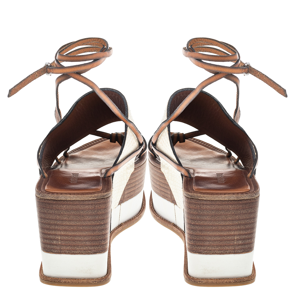 Roberto Cavalli Cream Python Wedge Platform Ankle Wrap Sandals Size 38.5