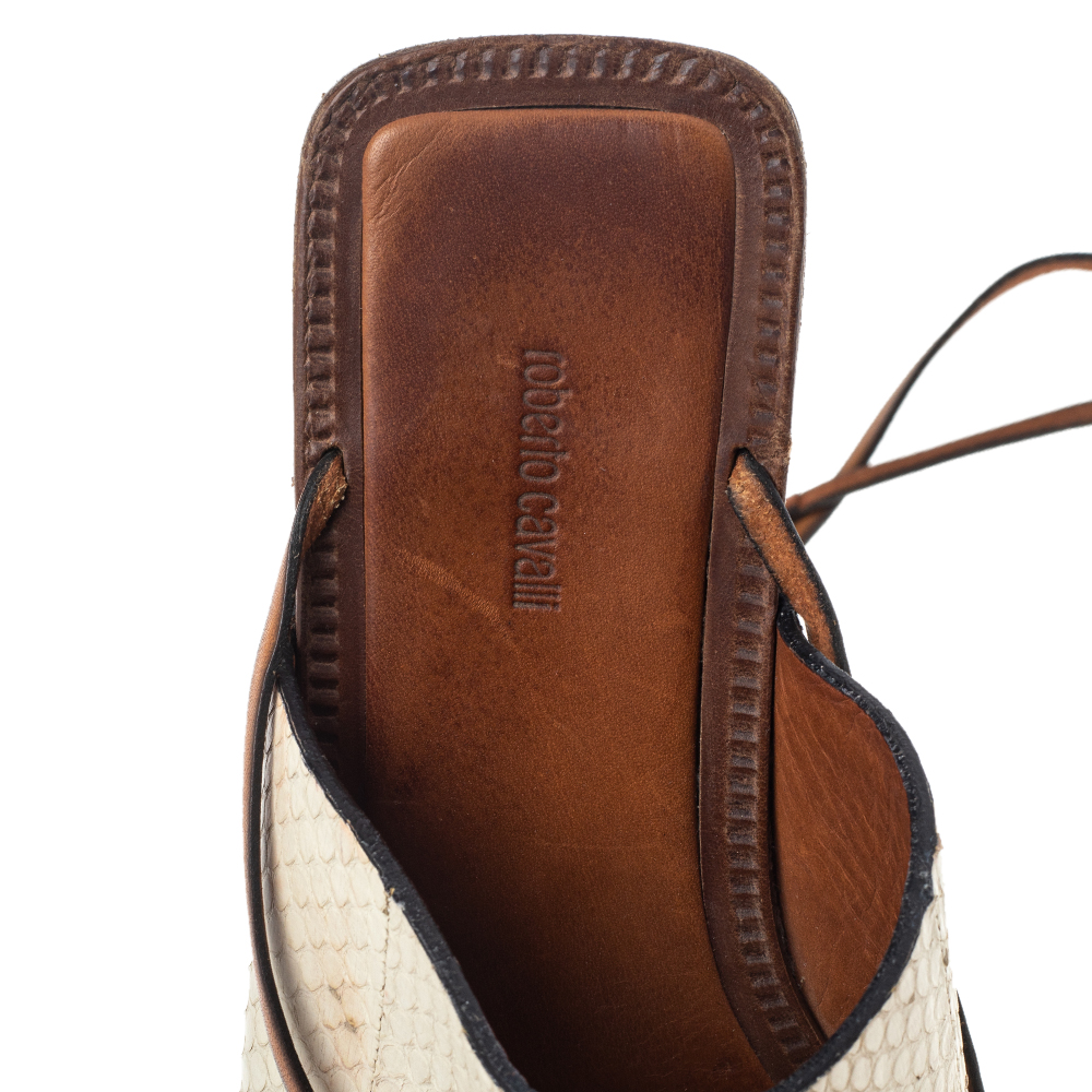 Roberto Cavalli Cream Python Wedge Platform Ankle Wrap Sandals Size 38.5