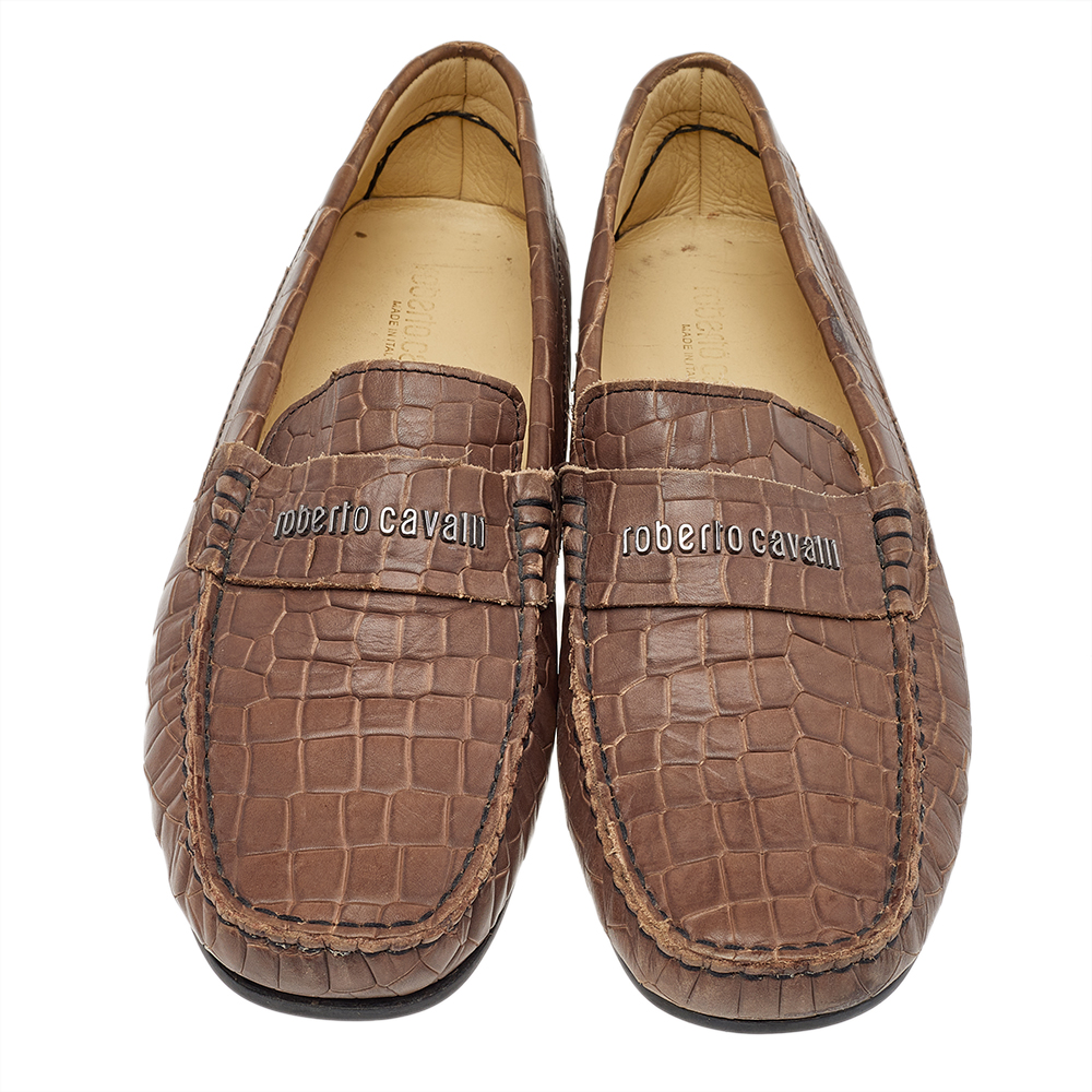 Roberto Cavalli Brown Croc Embossed Leather Slip On Loafers Size 40