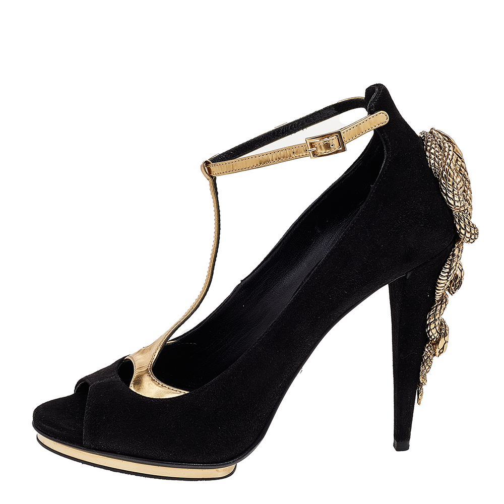 

Roberto Cavalli Black/Gold Suede And Leather Ankle Strap Snake Embellished Sandals Size