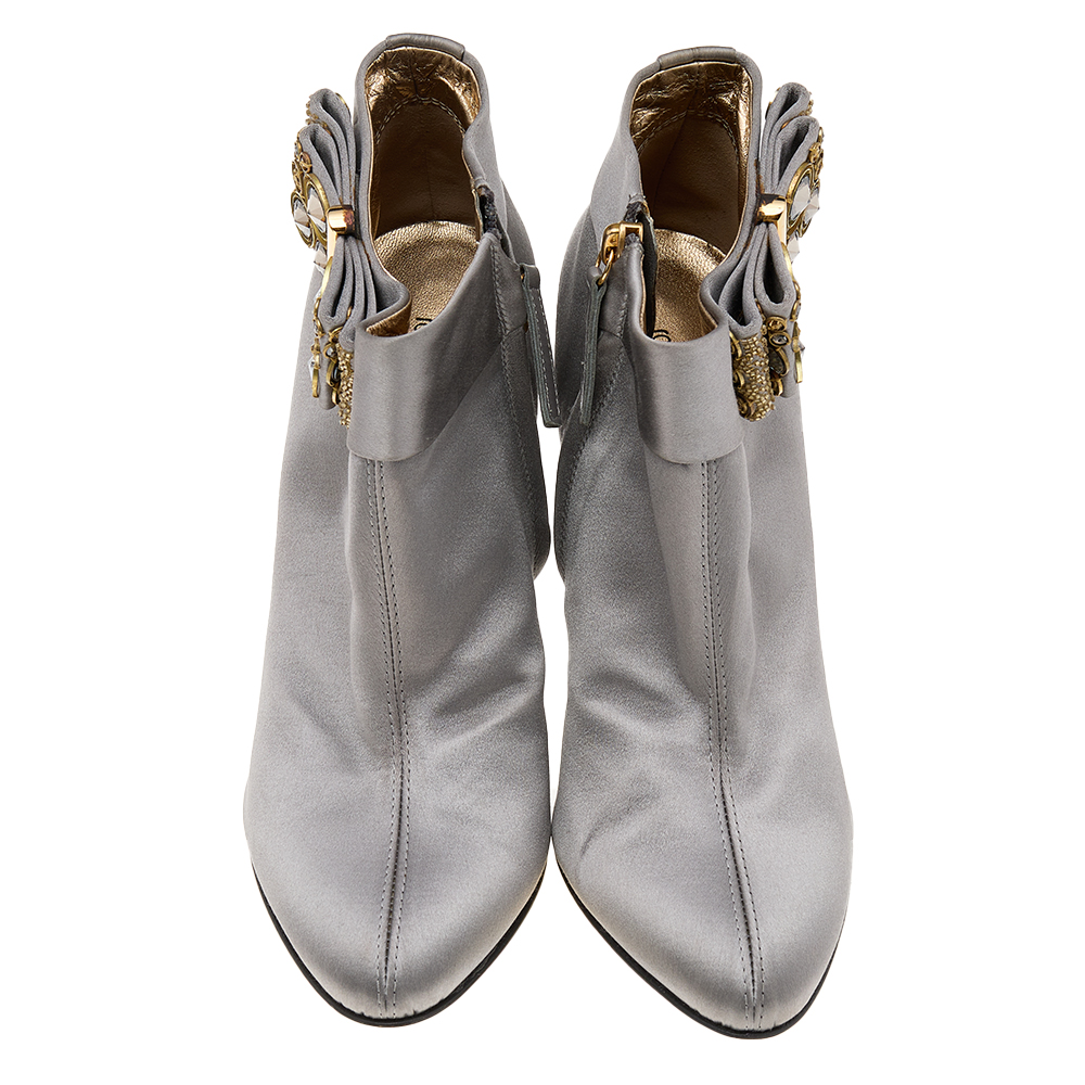 Roberto Cavalli Grey Satin Bow Embellished Ankle Length Boots Size 38