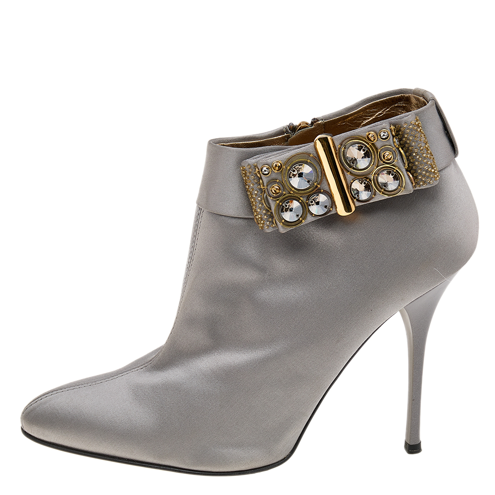 Roberto Cavalli Grey Satin Bow Embellished Ankle Length Boots Size 38